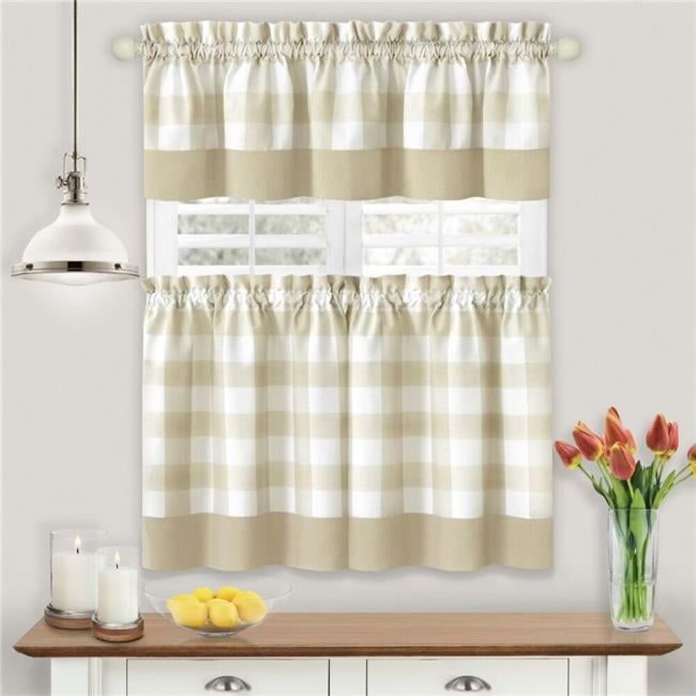 57 x 36 in. Hunter Rod Pocket Window Curtain Tier & Valance Set, Tan